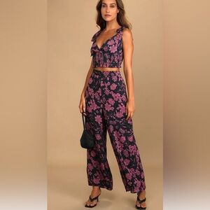 Lulus Touch of Magic Navy‎ Blue Floral Print Two-Piece Jumpsuit Medium